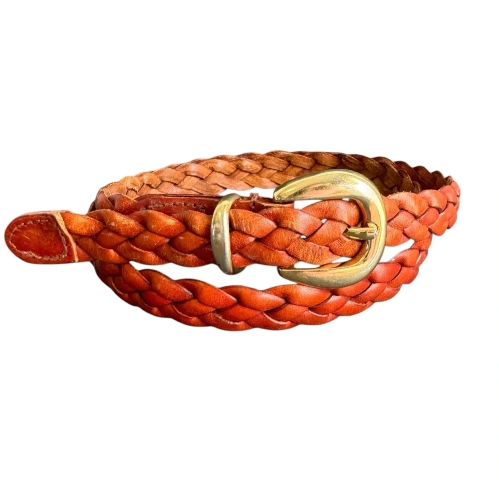 Woven Brown Leather Belt Braided Gold Buckle Dockers Unisex Mens‎ Womens Large
